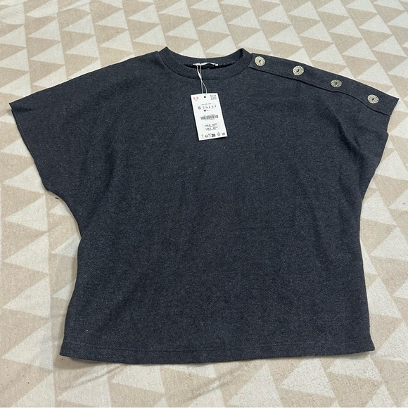 Zara charcoal gray batwing button shoulder tee shirt - Picture 1 of 2